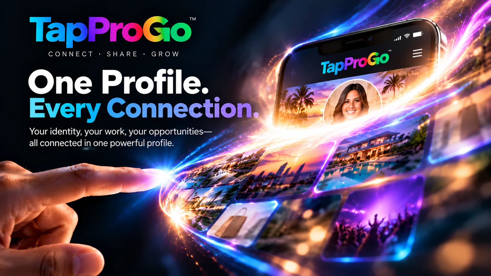 TapProGo — One Profile. Every Connection. A cinematic preview of a professional profile emerging through light and connected imagery.